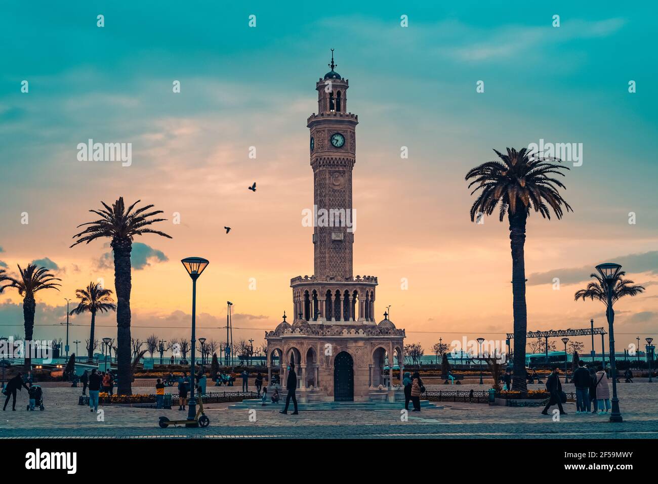 Izmir, Turkey - March 23 2021: Izmir Clock Tower in Konak square. Famous place. Sunset colors. Stock Photo