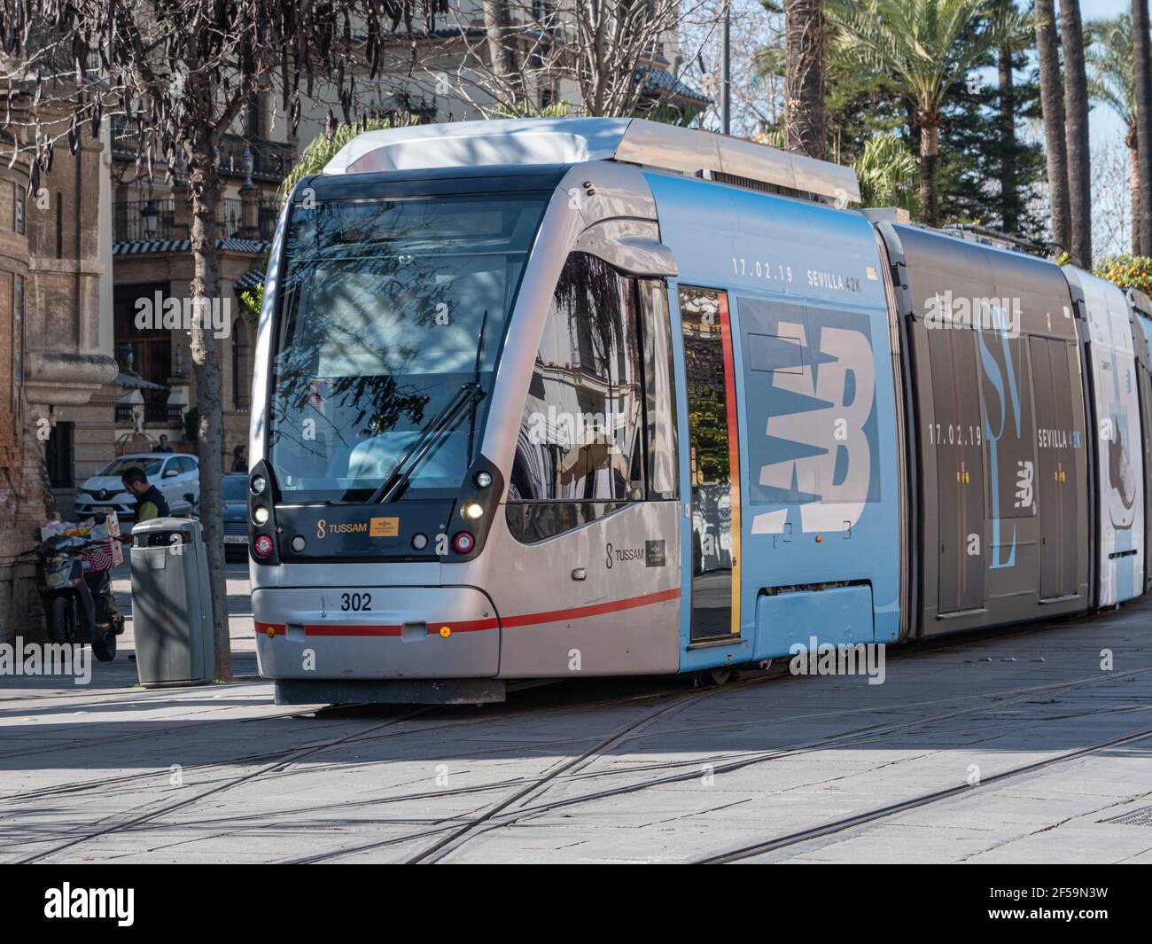A CAF Urbos 3 tram operating on the Metro Centro public transport tramway system in Seville Spain. Stock Photo