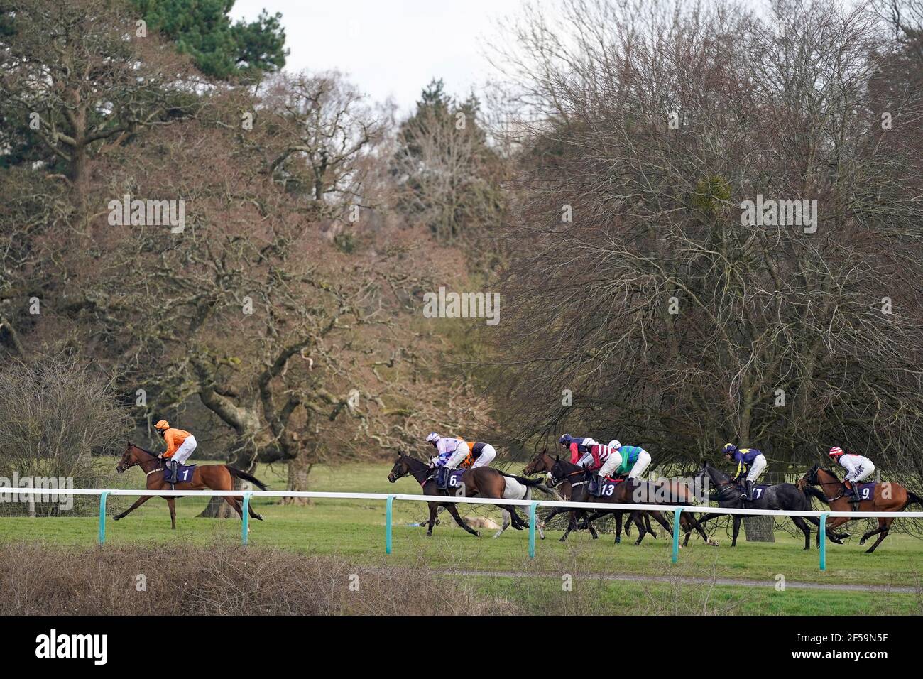 Chester Williams riding Galice Macalo (left) lead all the way to win The Womens History Month oliversbookshop.co.uk Mares' Novices' Hurdle at Chepstow Racecourse. Picture date: Thursday March 25, 2021. Stock Photo