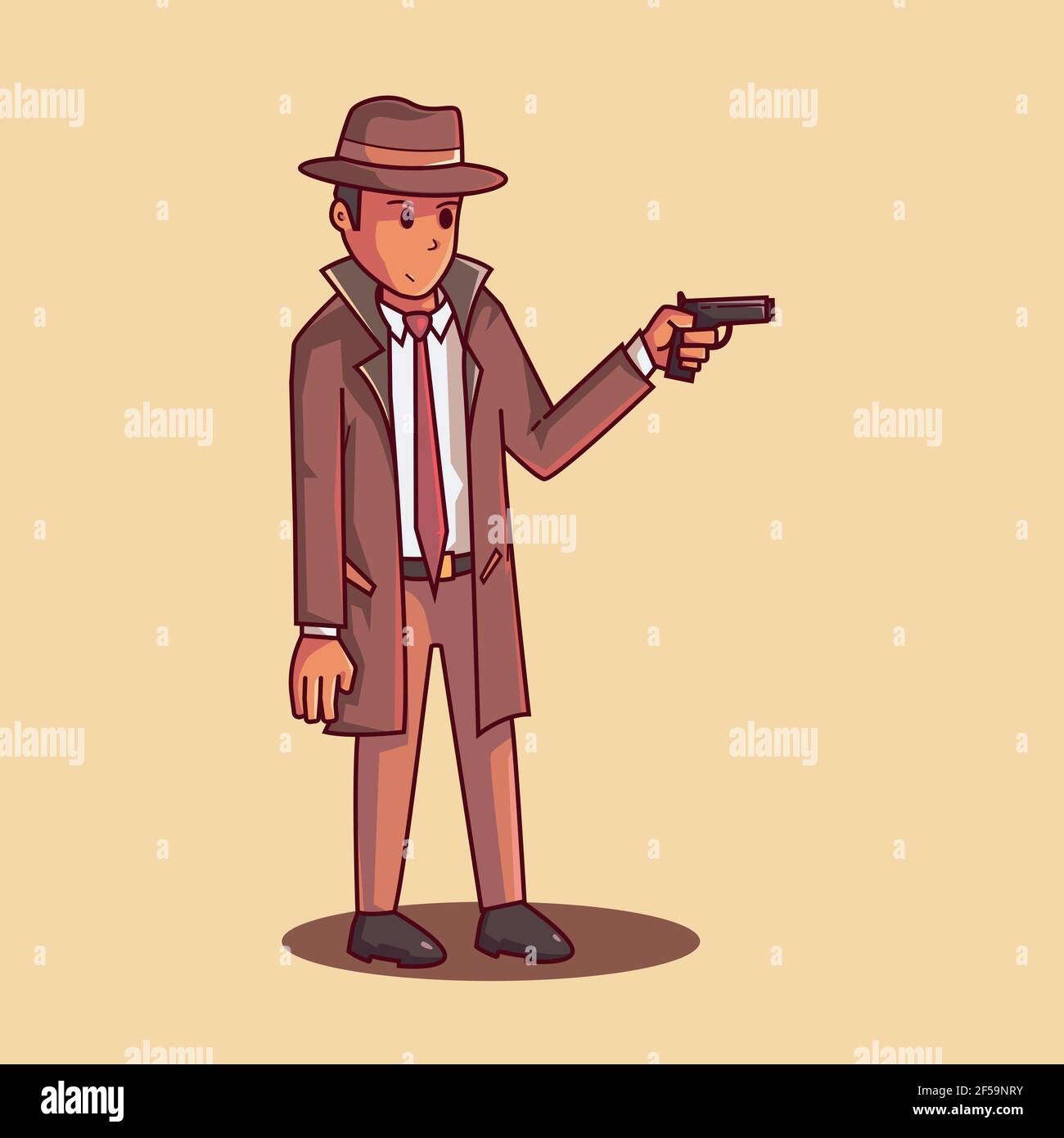 Detective cartoon illustration. the detective had a gun Stock Vector