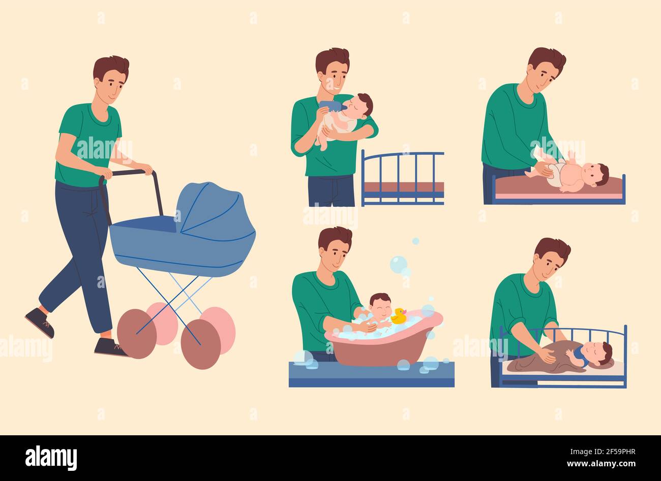 Dad takes care of the baby he walk with a child, changes the diaper