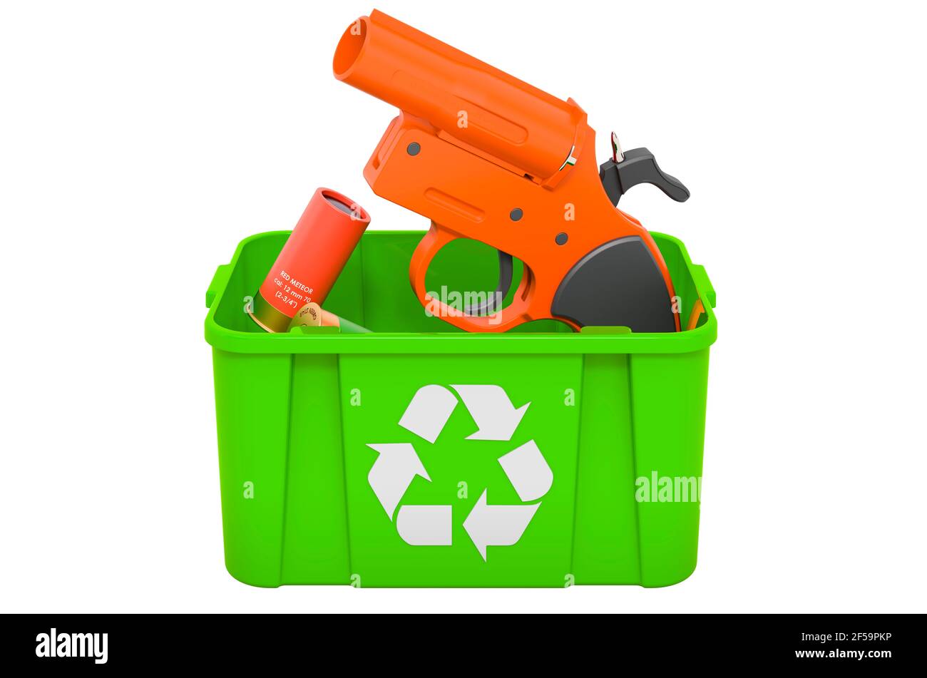 Recycling trashcan with signal flare launcher, 3D rendering isolated on white background Stock Photo