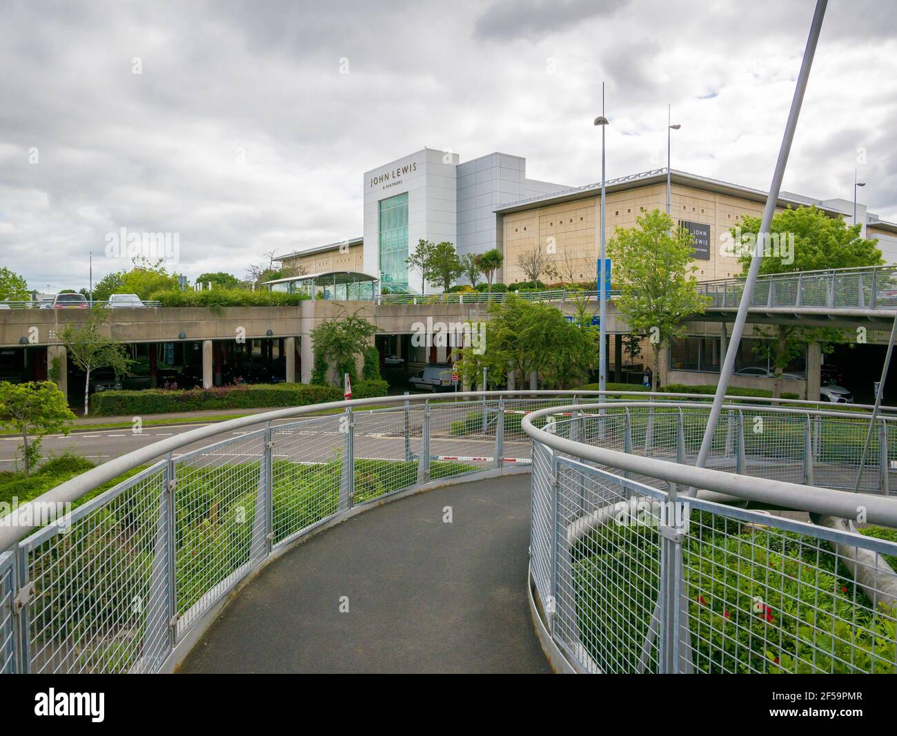 A raised walkway at The Mall out of town shopping centre at Cribbs