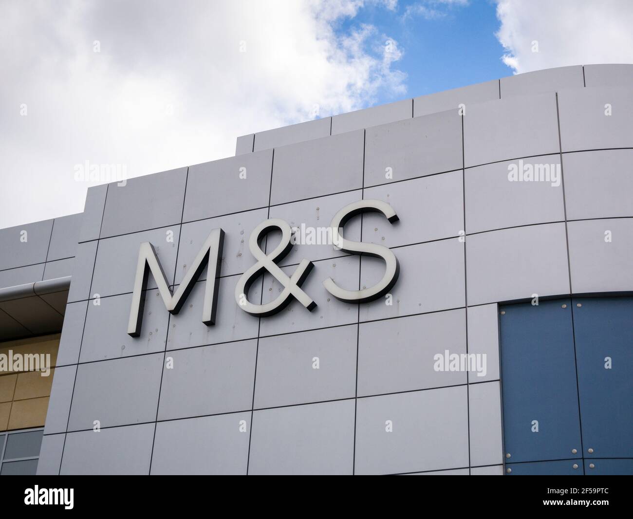 The Marks & Spencer M&S logo on the side of their department store at The Mall shopping centre at Cribbs Causeway near Bristol, England. Stock Photo