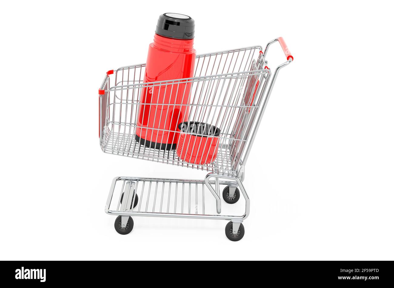 Shopping cart with vacuum flask, thermos. 3D rendering isolated on