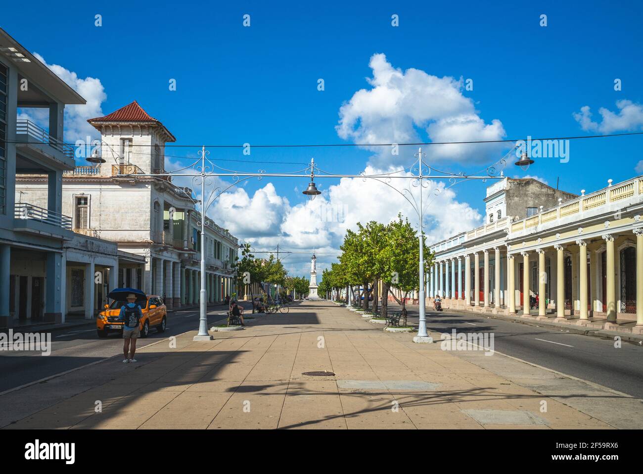 October 30, 2019: Street scene of Paseo del Prado, the main street of Cienfuegos and the longest street in Cuba with about 2 kilometers of length. It Stock Photo