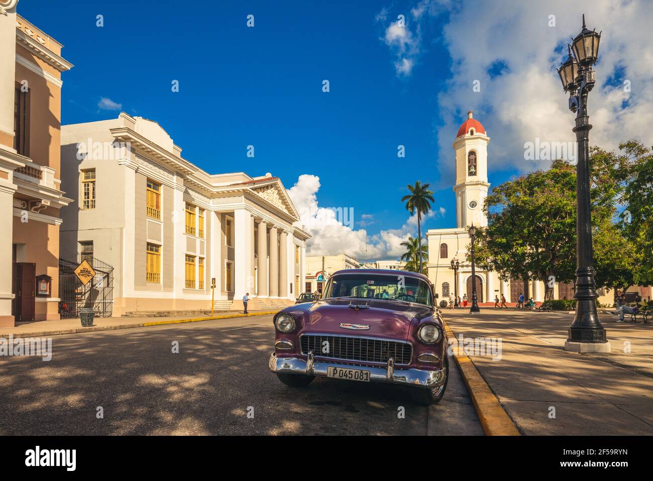 October 30, 2019: Cienfuegos Cathedral at Jose Marti Park in center of Cienfuegos, cuba. The original building was opened in 1833, and was declared Wo Stock Photo