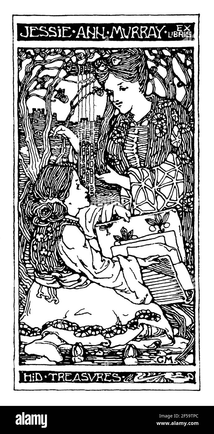 pictorial bookplate of female muses in garden for Jessie Ann Murray by Scottish painter and designer specialising in decorative painting and mosaics, Stock Photo