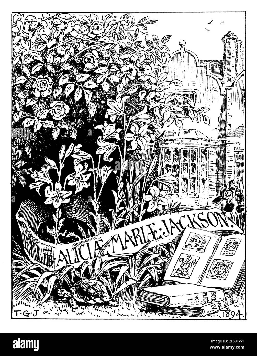 1894 Pictorial bookplate with books in garden of grand house for Alice Maria Jackson by architect Sir Thomas Graham Jackson RA Stock Photo