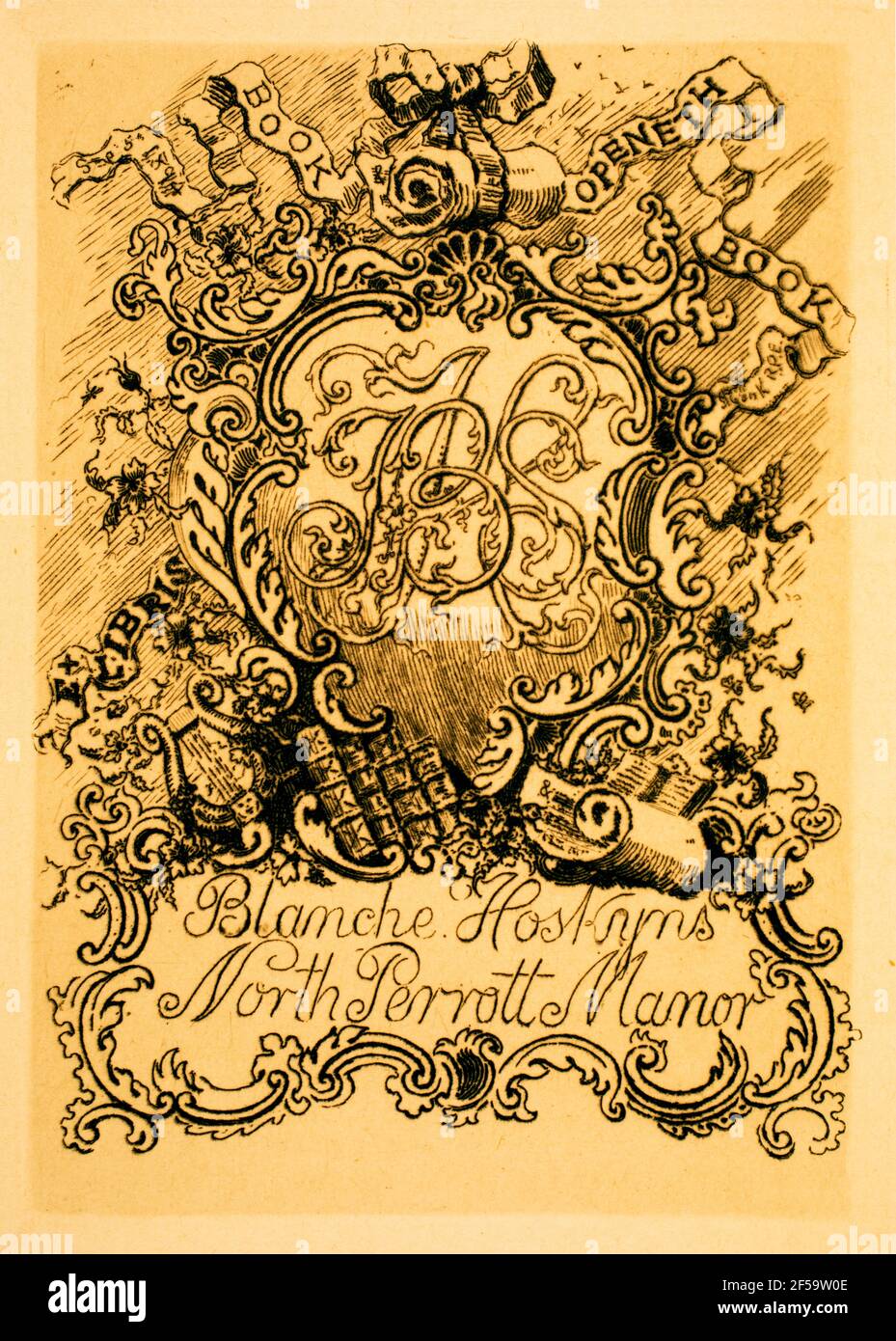 1894 Book Openeth Book engraved heraldic monogram bookplate for Blanche Hoskyns of North Perrott Manor, by British etcher, wood-engraver and painter W Stock Photo