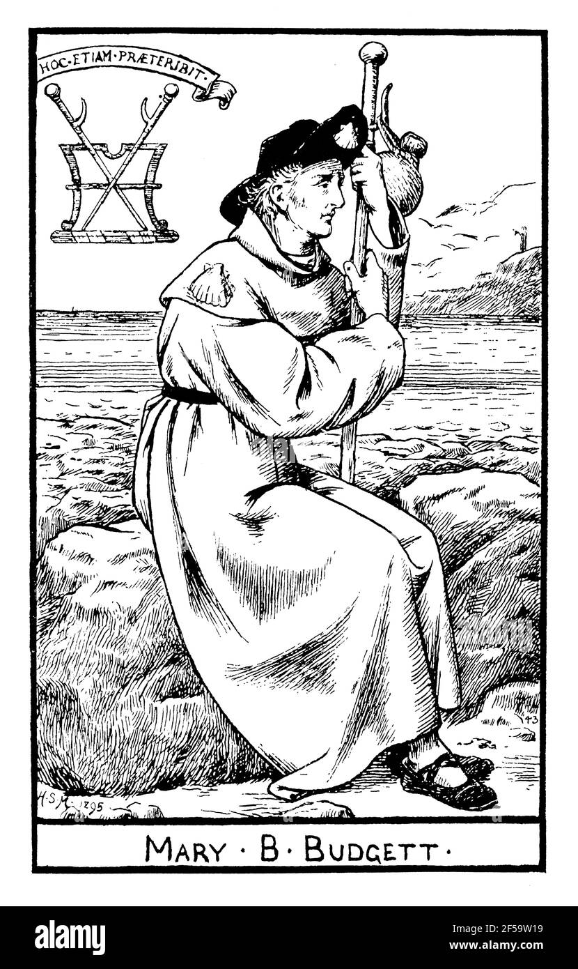 pictorial bookplate of pilgrim resting for author Mary B Budgett (Meakin) by Henry Stacy Marks RA Stock Photo