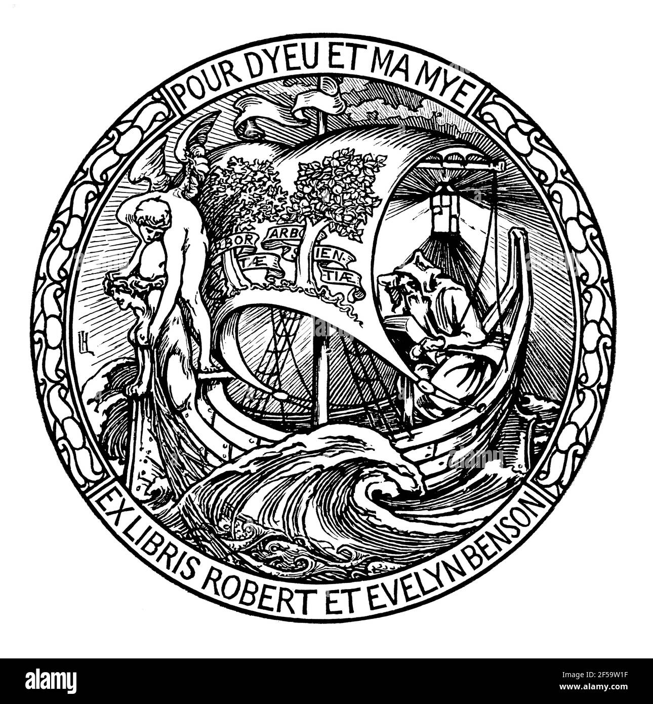 Circular Art nouveau ship and lighthouse bookplate with motto ‘Pour dyeu et Mamye’ for banker Robert and Evelyn Benson by Laurence Housman Stock Photo