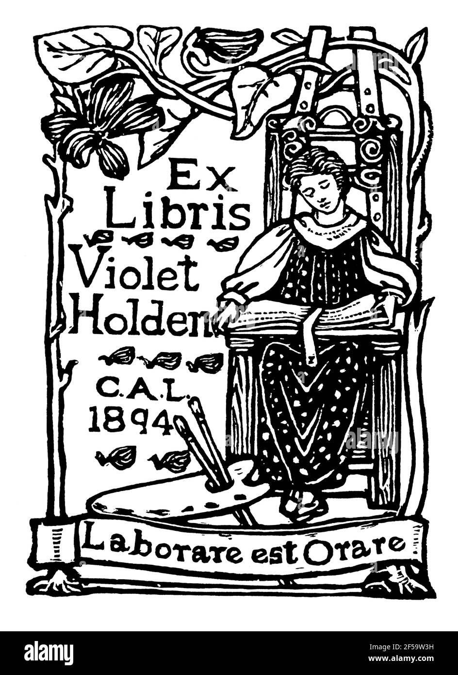1894 Latin motto, laborare est Orare  (pray and Work) woman reading in bookplate for Birmingham School artist Violet Holden by Celia Levetus Stock Photo