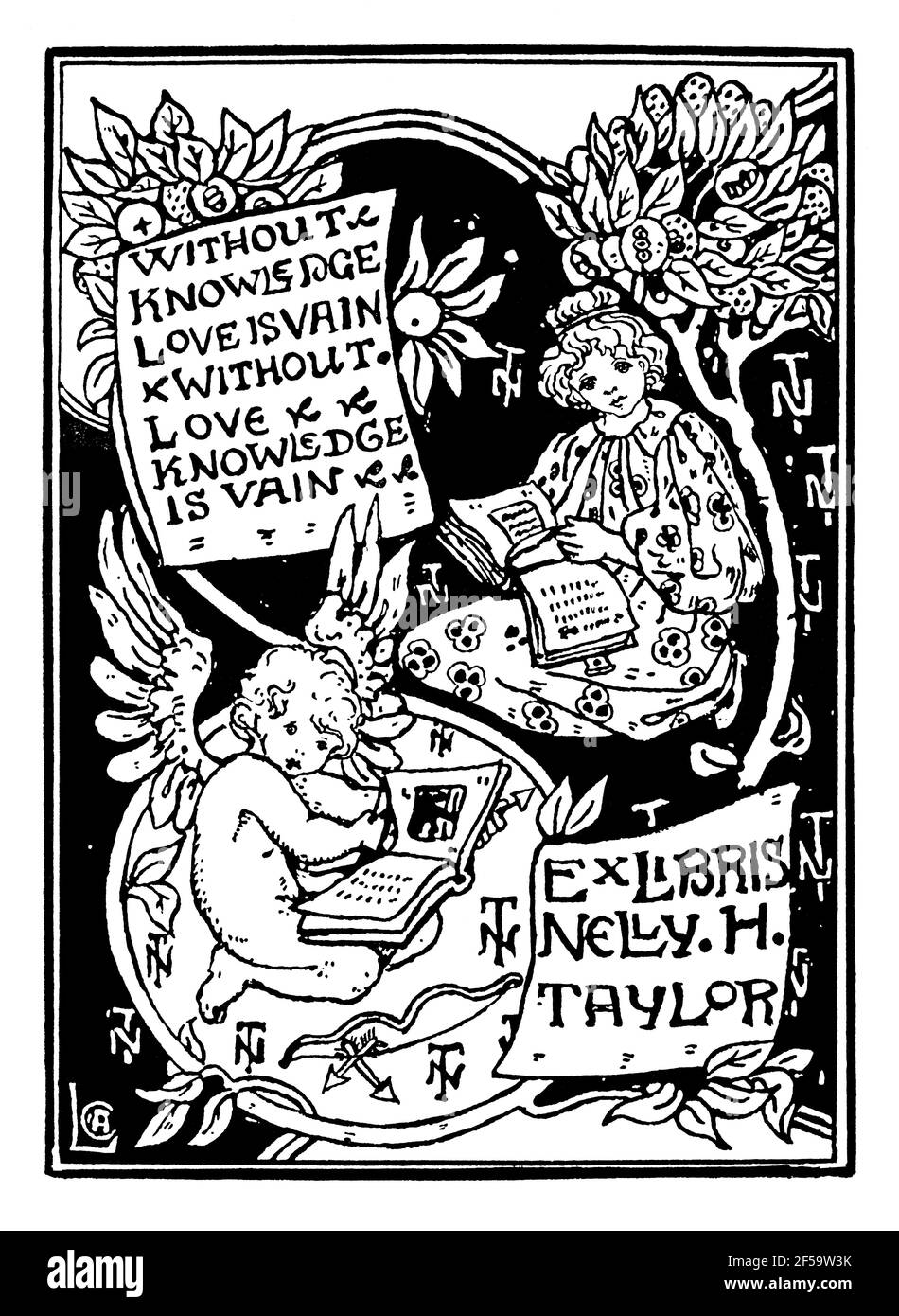 poetry and prose muses ‘without knowledge love is vain, withour love knowledge is vain,’ motto bookplate for Nelly H Tayor by Celia Levetus, originall Stock Photo