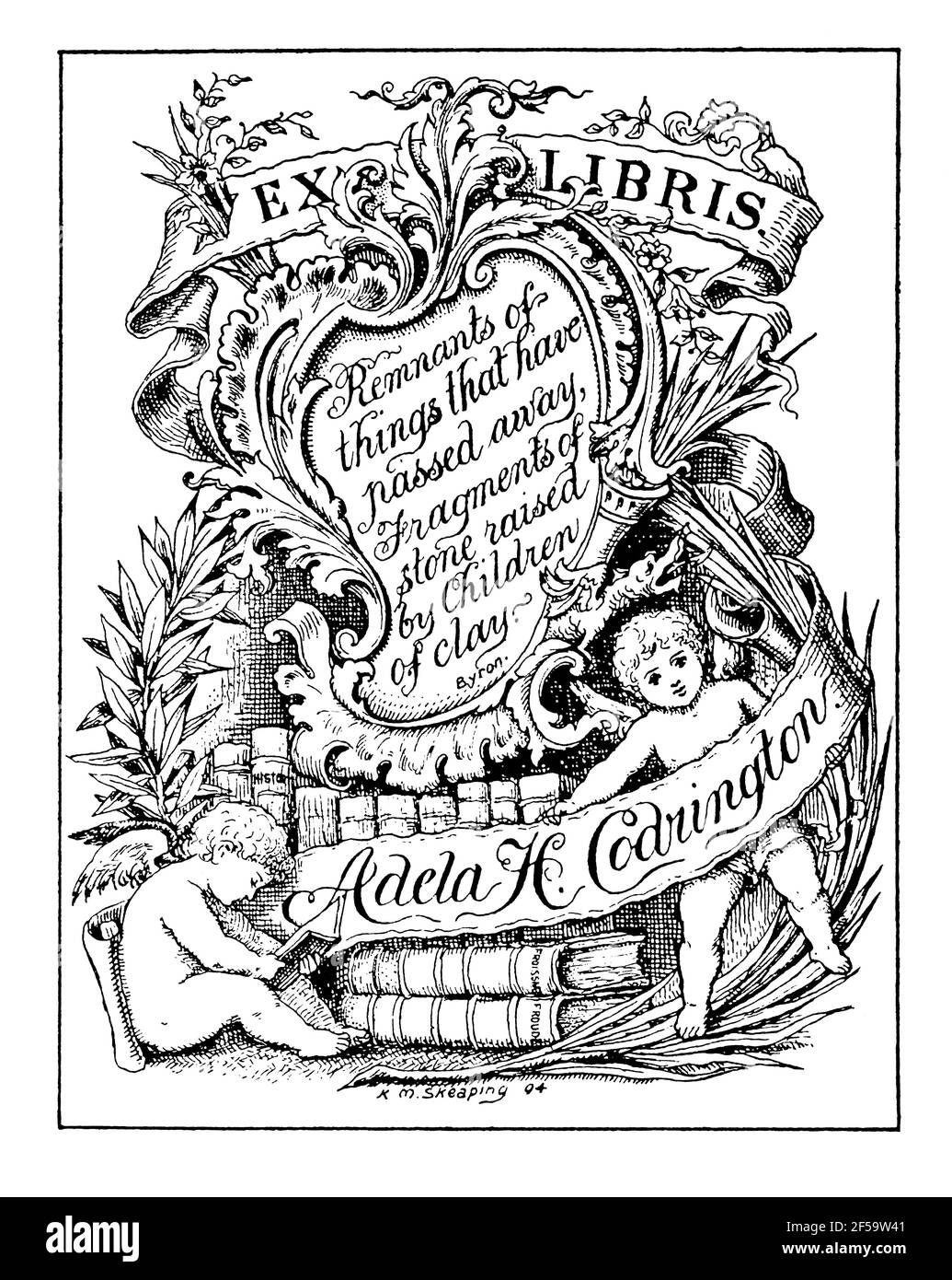 1894 Remnants of things which have passed away, Byron quote, bookplate for  artist Adela H Codrington by English lithographer, portrait painter and il Stock Photo