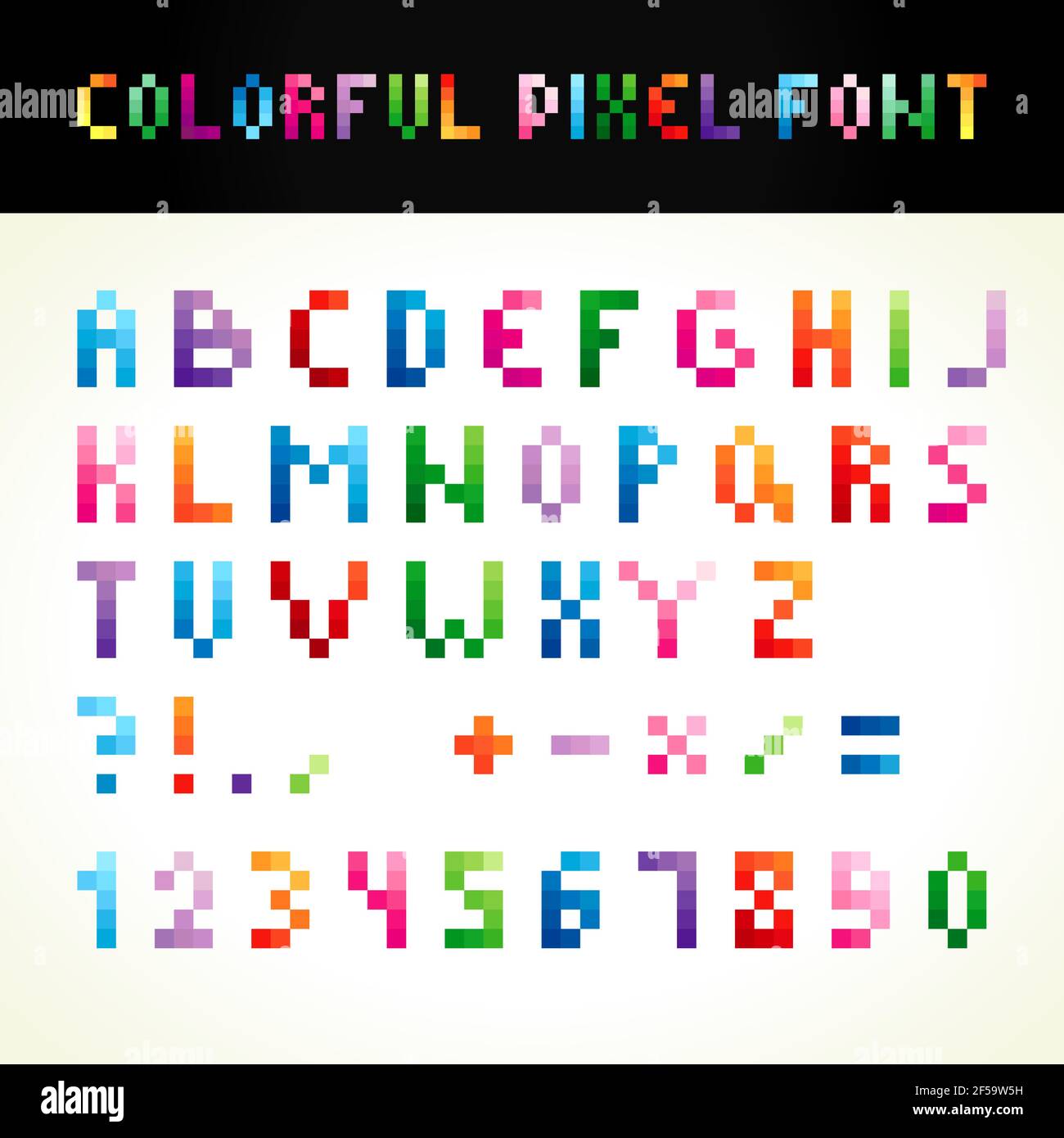ABC pixel style colored. Set of vector multicolored letters, numbers. Alphabet in pixels and various colors. A b c d e f g h i j k l m n o p q r s t u Stock Vector