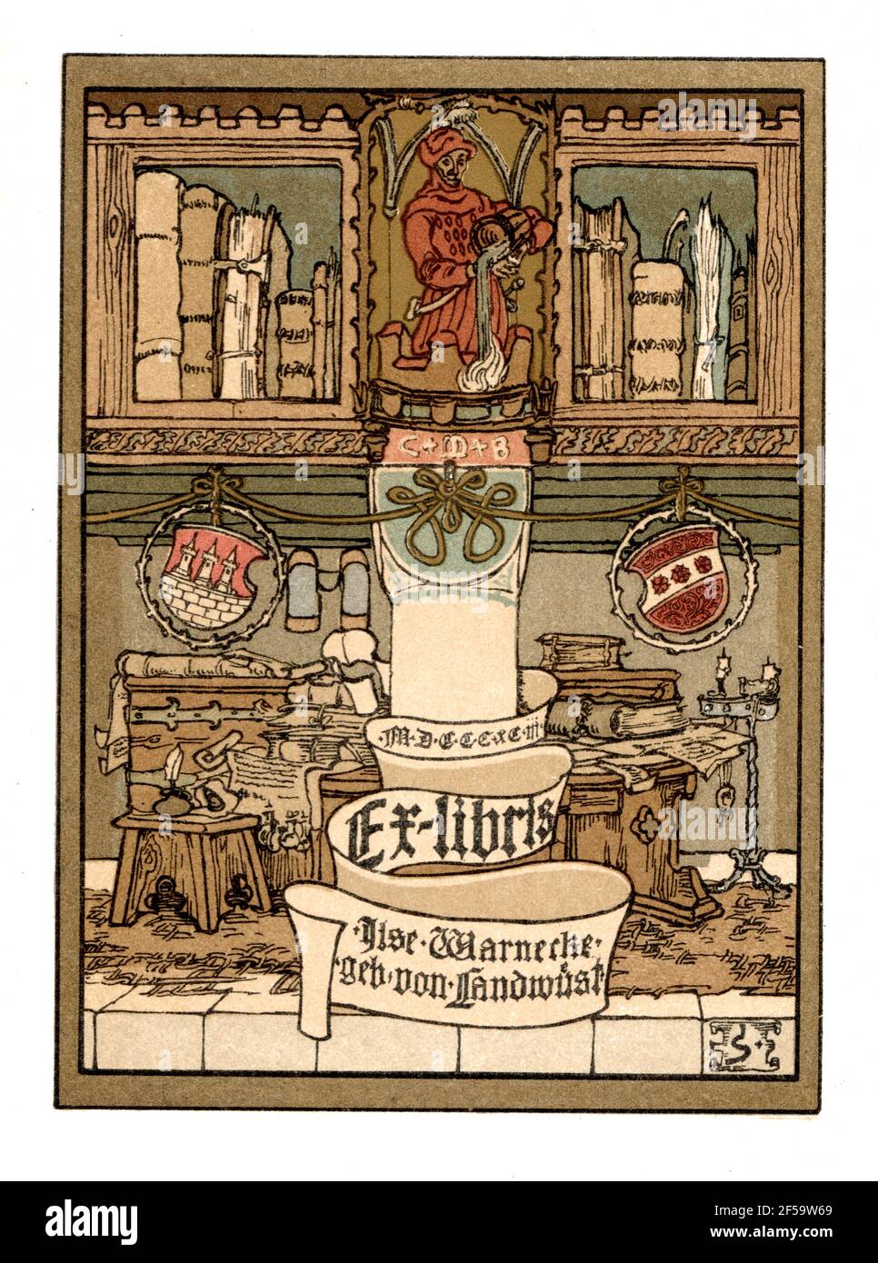 colour woodblock bookplate with library interior  for Ilse Warnecke geb von Landwust by German painter, bookplate artist and Art Nouveau illustrator J Stock Photo
