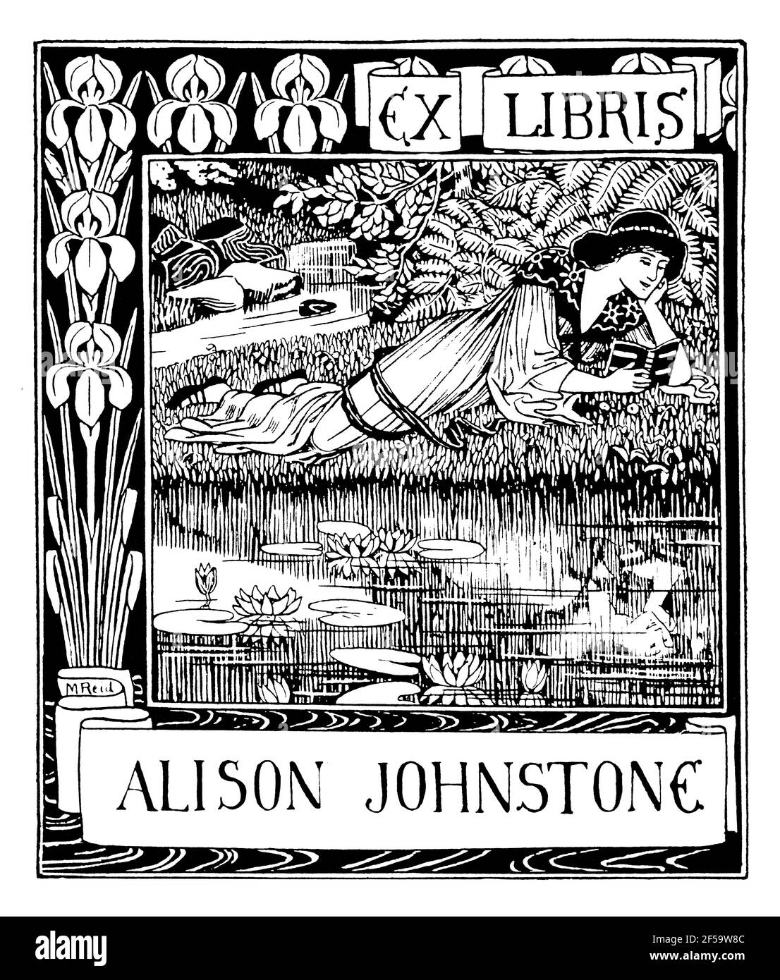 Pre-Raphaelite   style bookplate for Alison Johnstone by Colombo-born Royal Academician Marion Reid Stock Photo