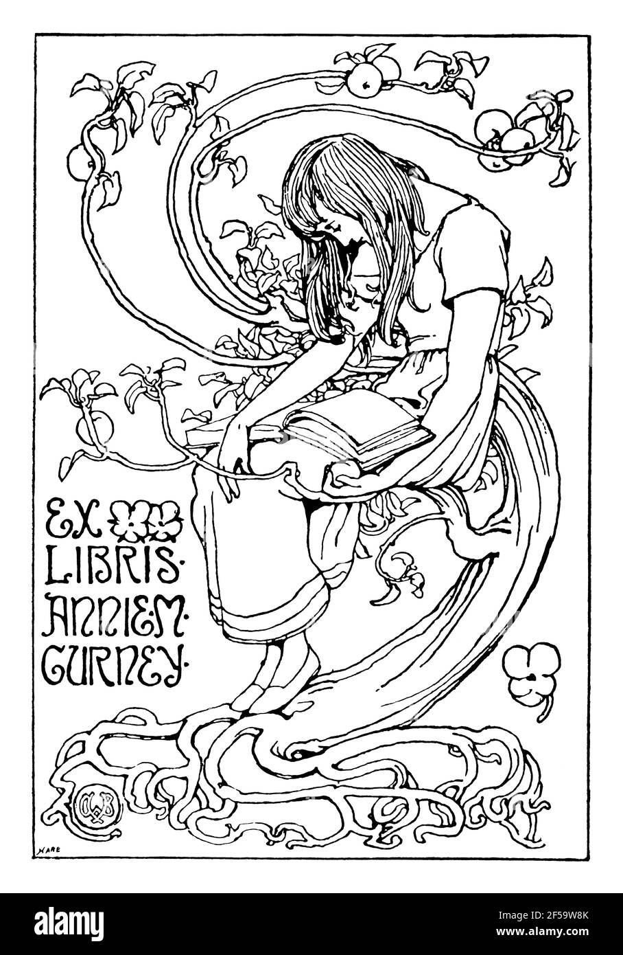art nouveau style bookplate for Annie M Gurney by Alice B Woodward Stock Photo