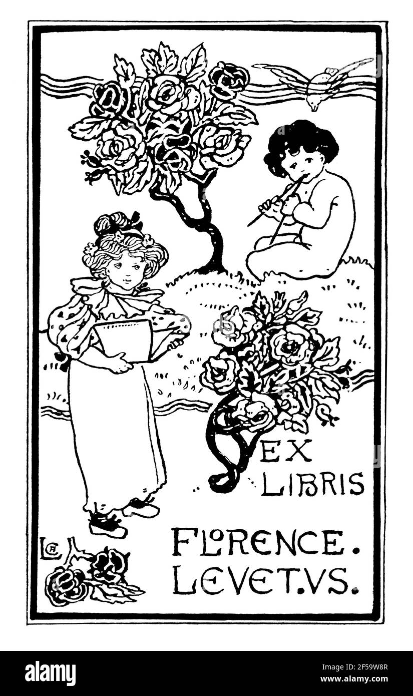 nursery style bookplate for sister Florence Levetus by Celia Levetus Stock Photo