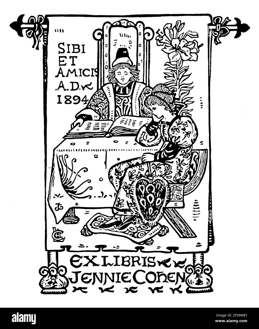 1994 Latin motto, Sibi et Amicis  (for them and their friends) man and woman in medieval costume bookplate for Jennie Cohen by Celia Levetus Stock Photo