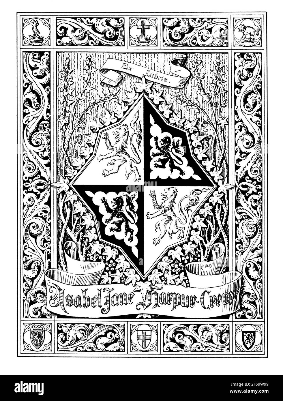 armorial, engraved style bookplate for Isabel Jane Harpur-Crewe , by Mrs Philippa Swynnerton (Swinnerton) Hughes (nee Pearsall) Stock Photo