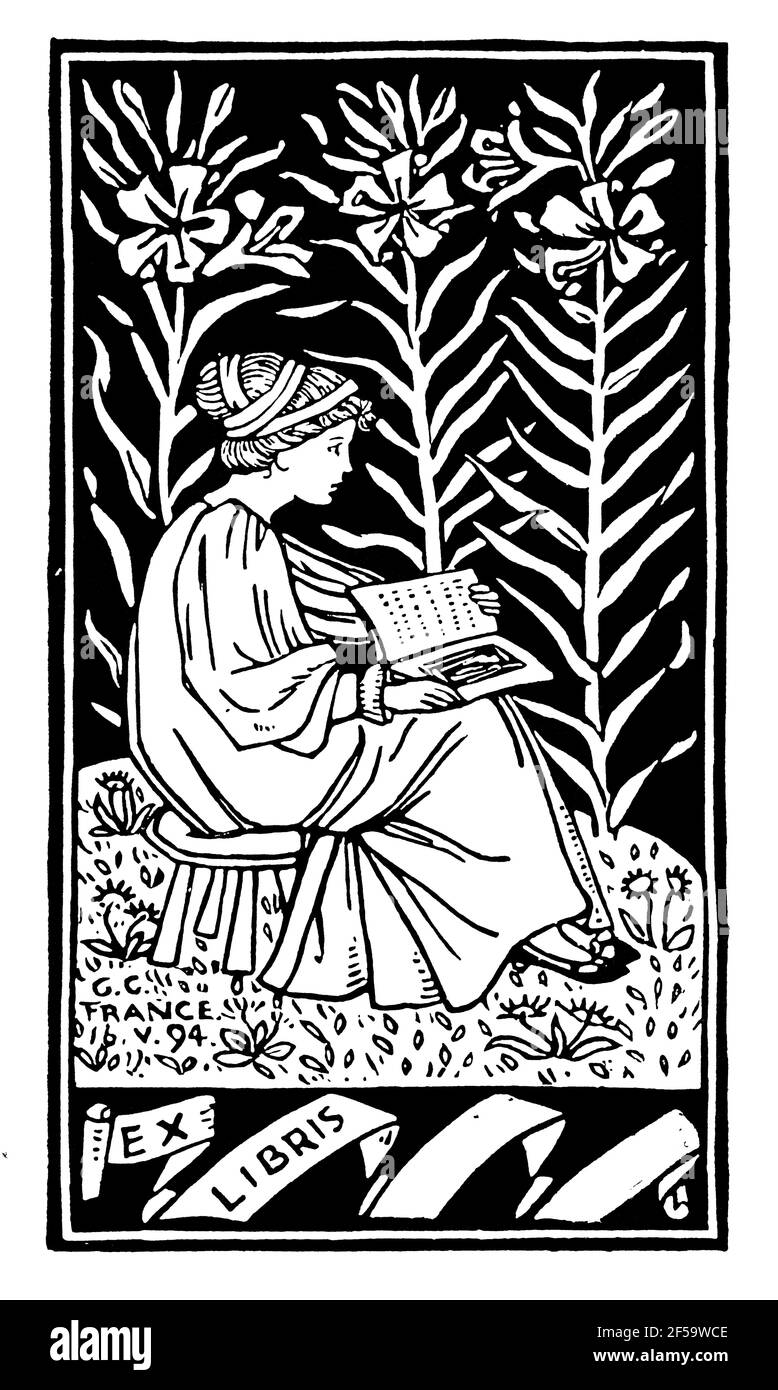 1994 woman reading in garden woodcut bookplate by designer Georgina Evelyn Cave Gaskin (née France) Stock Photo