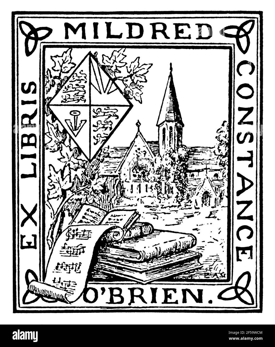 church and music bookplate for Mildred Constance O’Brien by designer Edith Anne Greene Stock Photo
