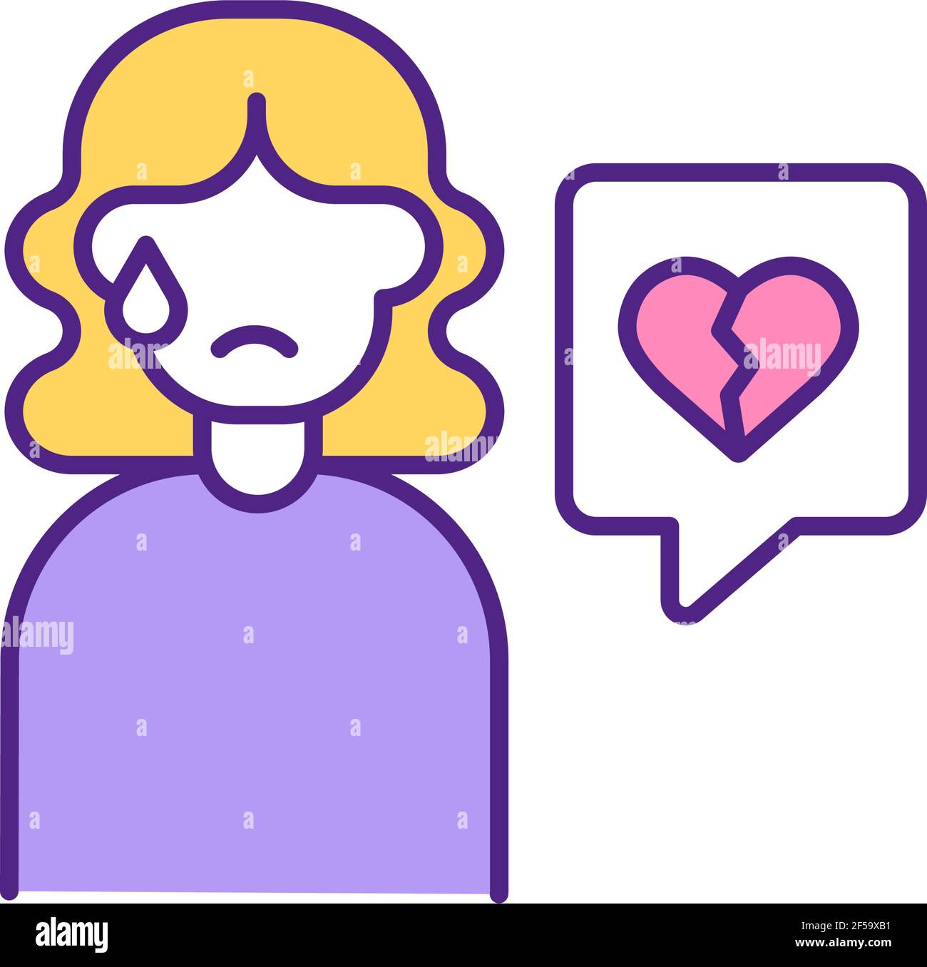 Broken hearted woman crying RGB color icon. Stock Vector