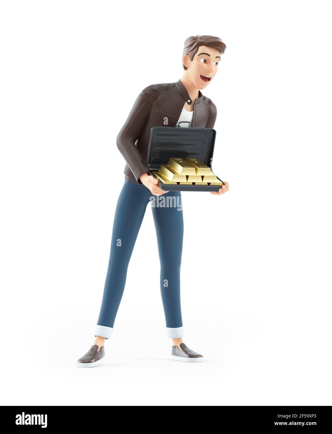 3d cartoon man holding briefcase full of gold bars, illustration