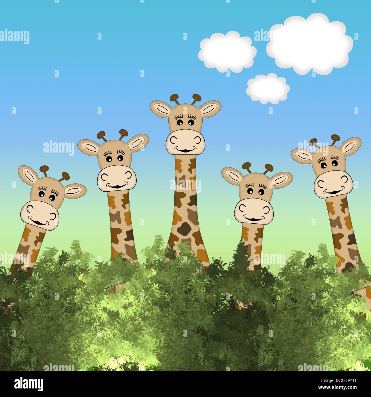 An illustration of a row of cute cartoon giraffes looking over a green  hedge Stock Photo - Alamy