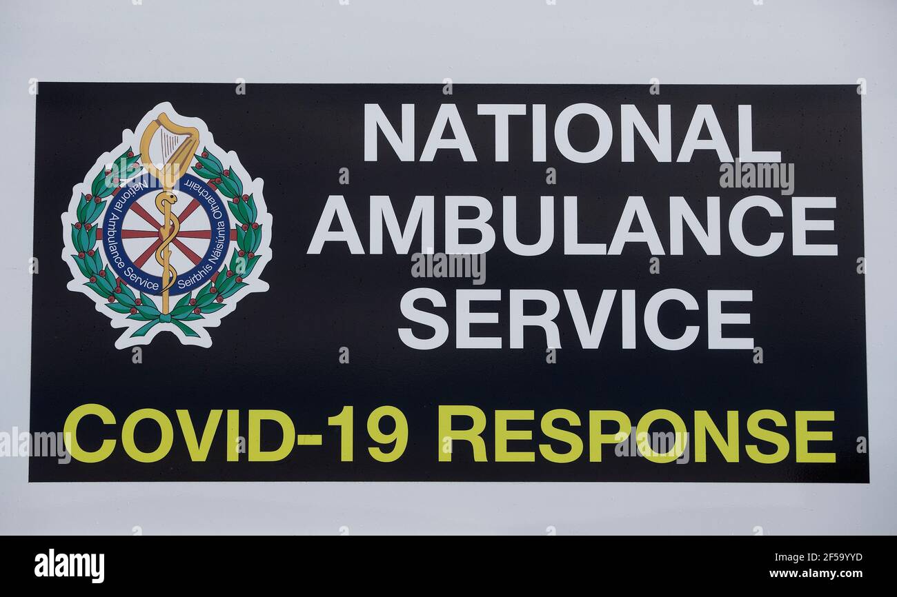 National Ambulance Service signage at a walk-in test centre on the grounds of Grangegorman Primary Care Centre in Dublin as a number of centres have opened in areas where there is a high rate of Covid-19 transmission. The public does not need to get a GP referral and all tests will be free under the new initiative. Picture date: Thursday March 25, 2021. Stock Photo