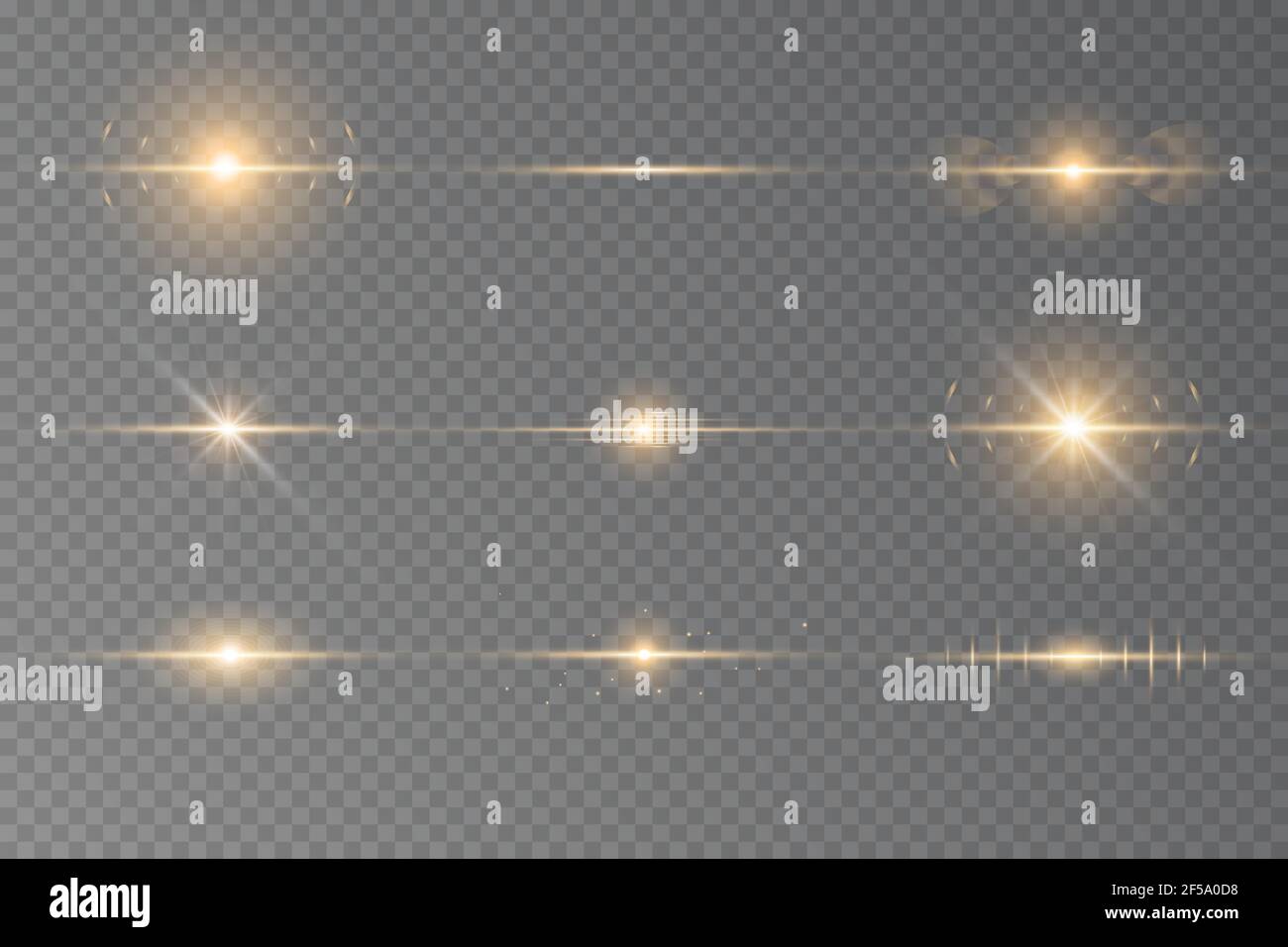 Special effect with rays of light and magic sparkles. Yellow horizontal lens flares pack. Sunlight a translucent. Design of the light effect. Vector i Stock Vector
