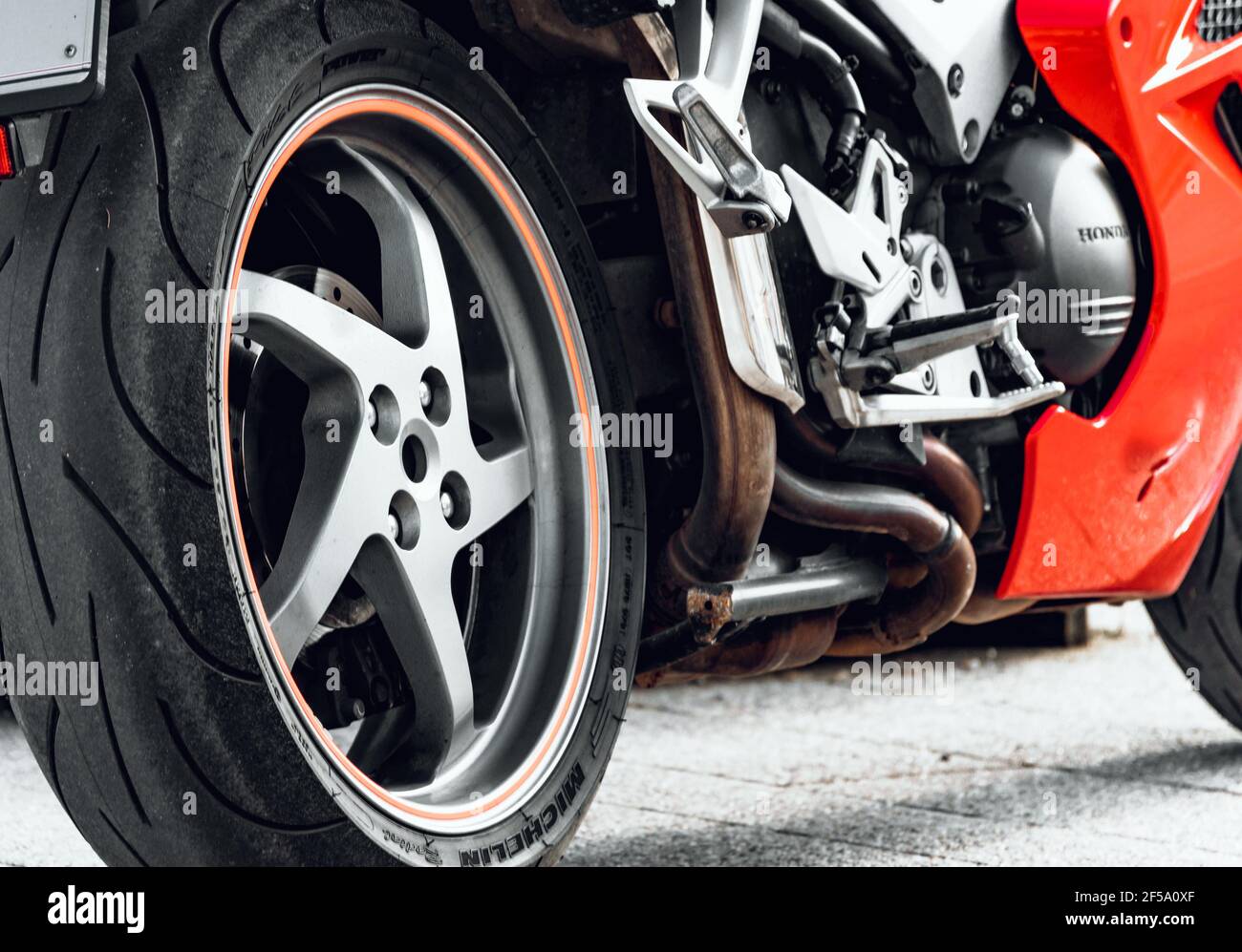 ZAGREB, CROATIA - Mar 22, 2021: Rear wheel of a cool motorcycle. Engine ...