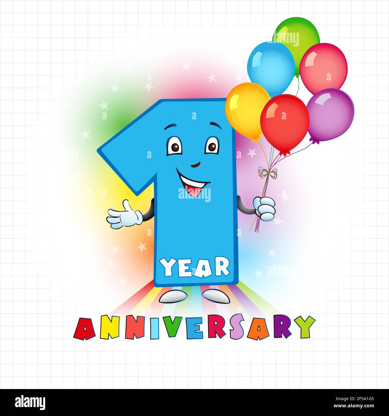 One year old animated logotype. 1 anniversary funny logo. Kids birthday colored card with personified digit and many bright celebrating congratulating Stock Vector