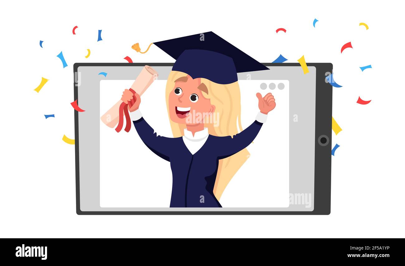 Young graduate girl wearing academic gown and cap, holding a diploma in tablet Stock Vector