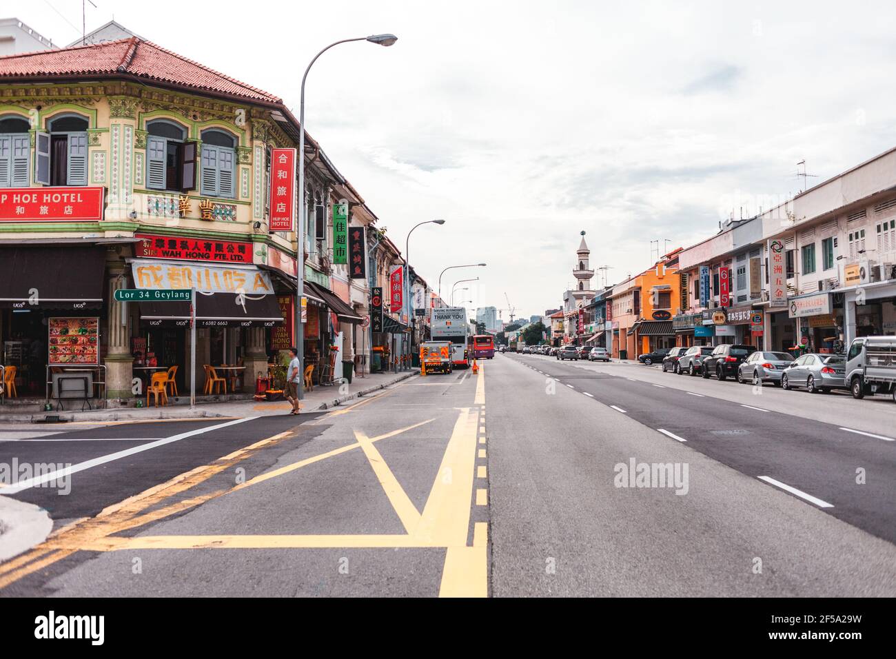 GEYLANG, SINGAPORE, SINGAPORE - Mar 22, 2021: A horizontal shot of Geylang township street corner on an overcast day Stock Photo