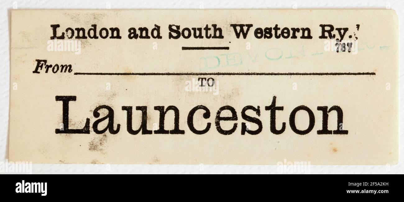 Vintage Midland & South Western Railway Train Label - From  Waterloo to Launceston Stock Photo