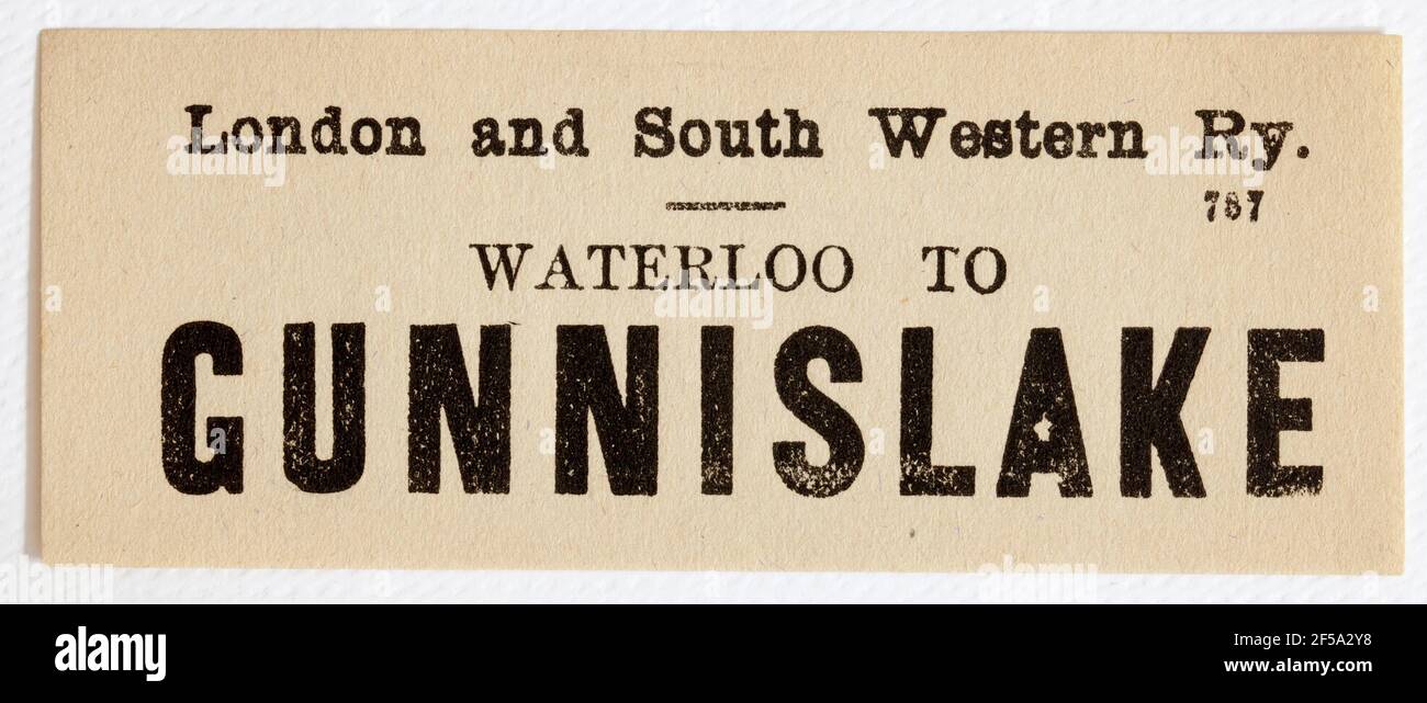 Vintage Midland & South Western Railway Train Label - From London Waterloo to Gunnislake Stock Photo