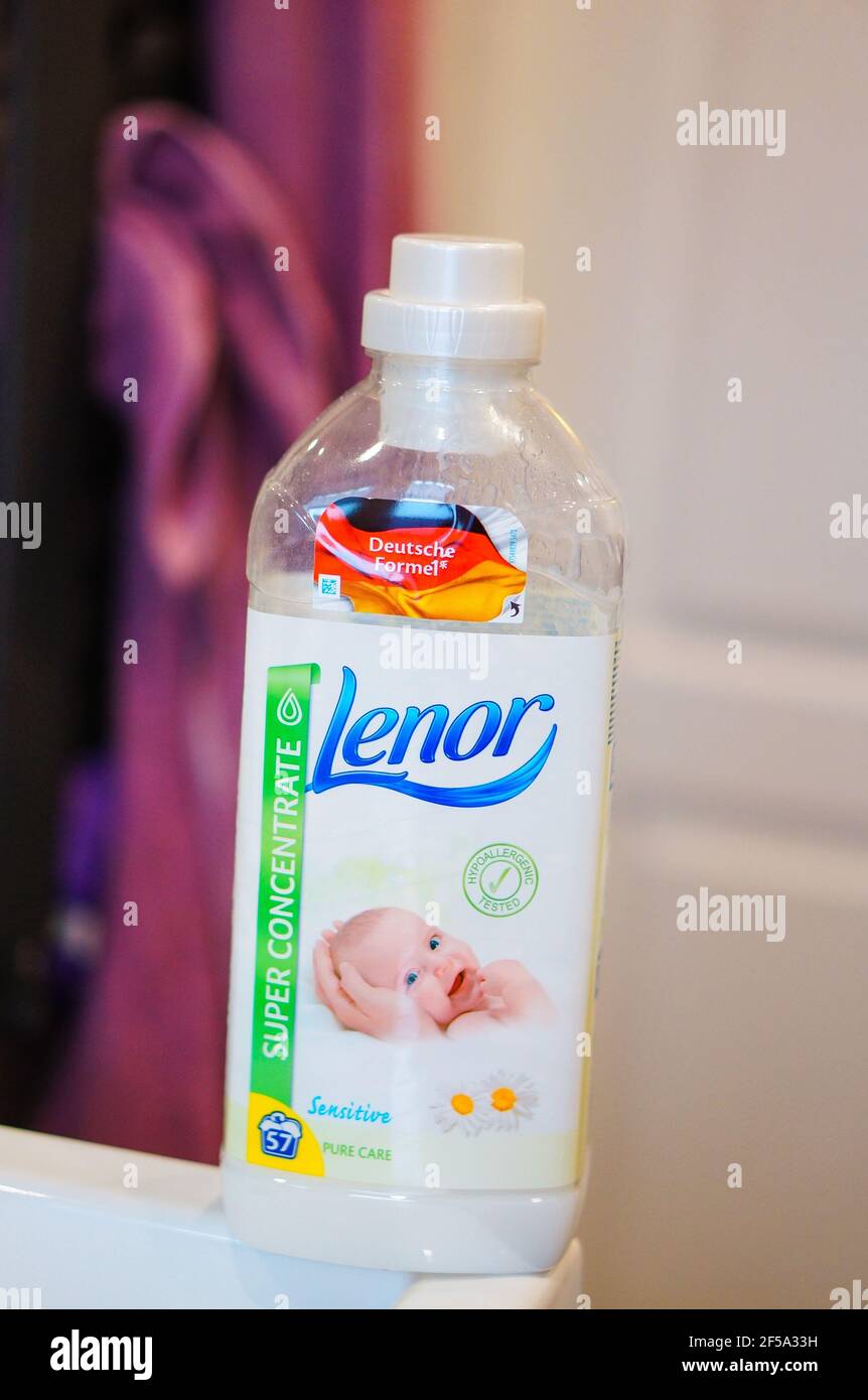 POZNAN, POLAND Apr 07, 2016 Lenor laundy cleaning liquid in a bottle