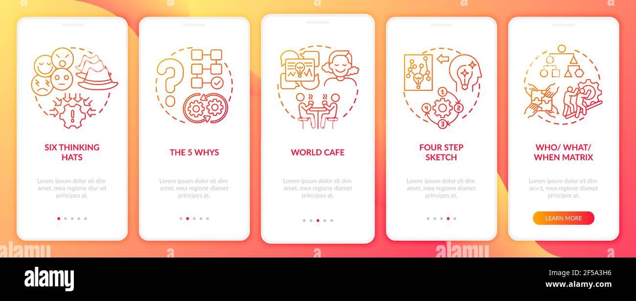 Problem solving methods red onboarding mobile app page screen with concepts Stock Vector
