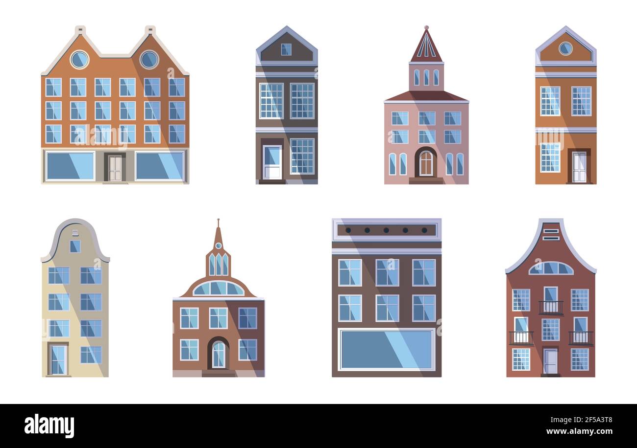 Set of European colored old houses, shops and factories in the traditional Dutch town style. Vector illustration in the flat style isolated on a white Stock Vector