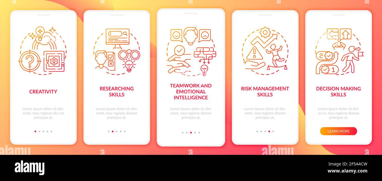 Problem-solving skills red onboarding mobile app page screen with concepts Stock Vector