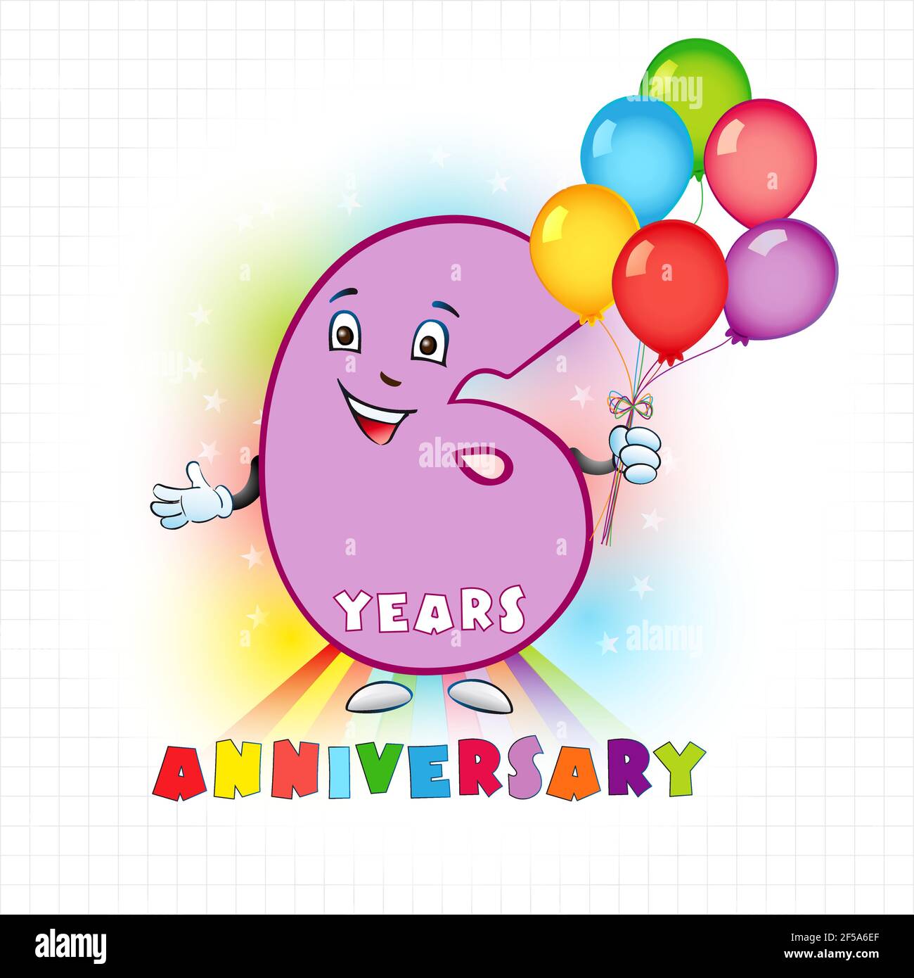 Six years old animated logotype. 6 anniversary funny logo. Kids birthday colored card with personified digit, many bright celebrating congratulating b Stock Vector
