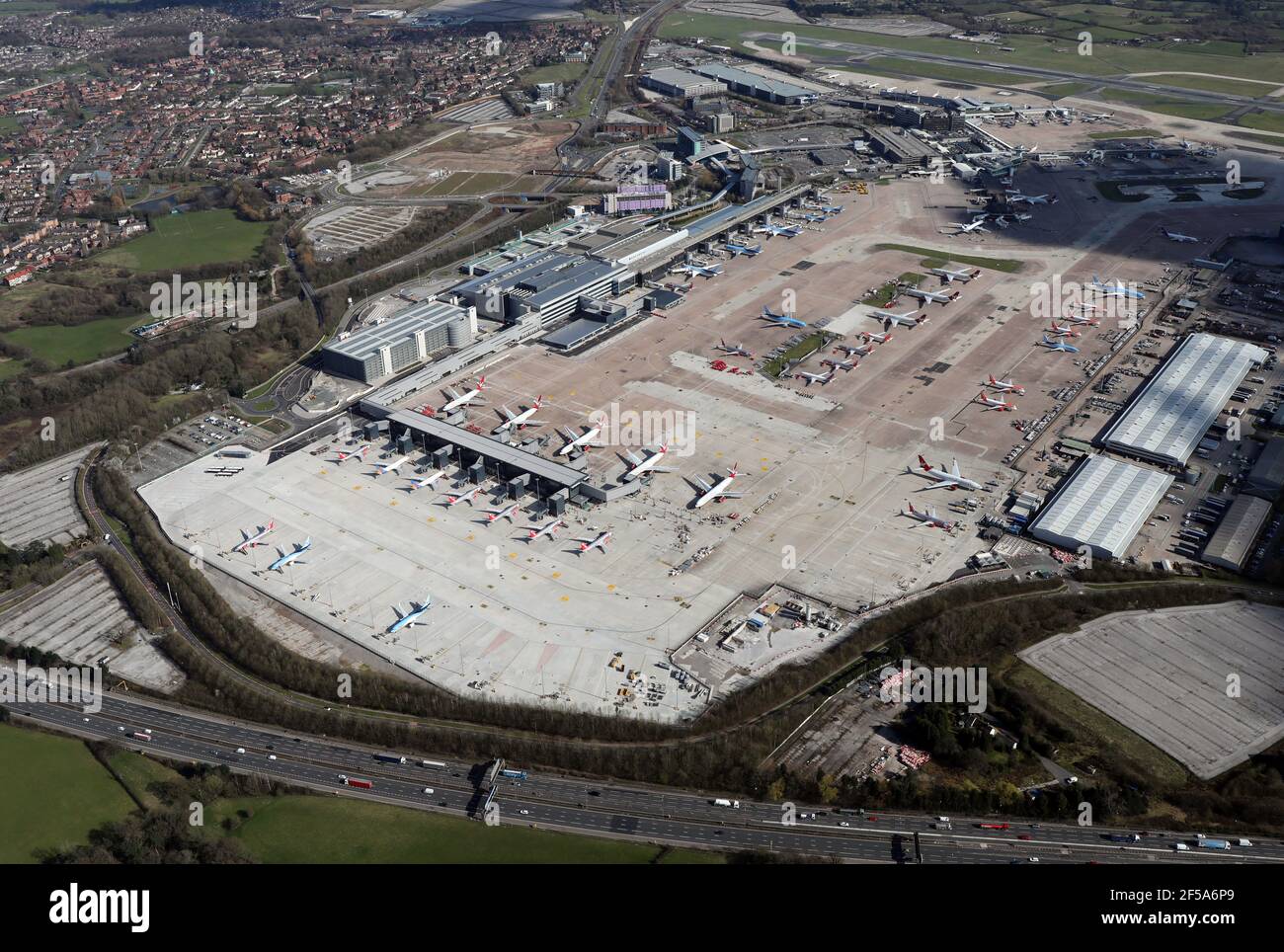 aerial view of Manchester Airport, March 2021 Stock Photo