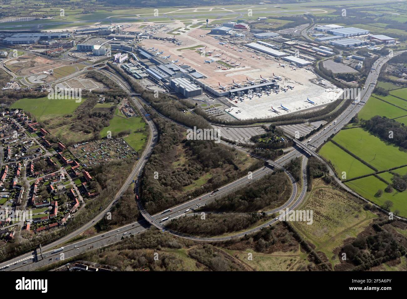 aerial view of Manchester Airport, March 2021 Stock Photo