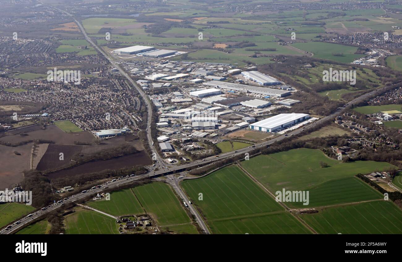 aerial view from the east looking across the M6 towards Haydock Cross & Haydock Lane industrial estates, Old Boston Trading Estate Stock Photo