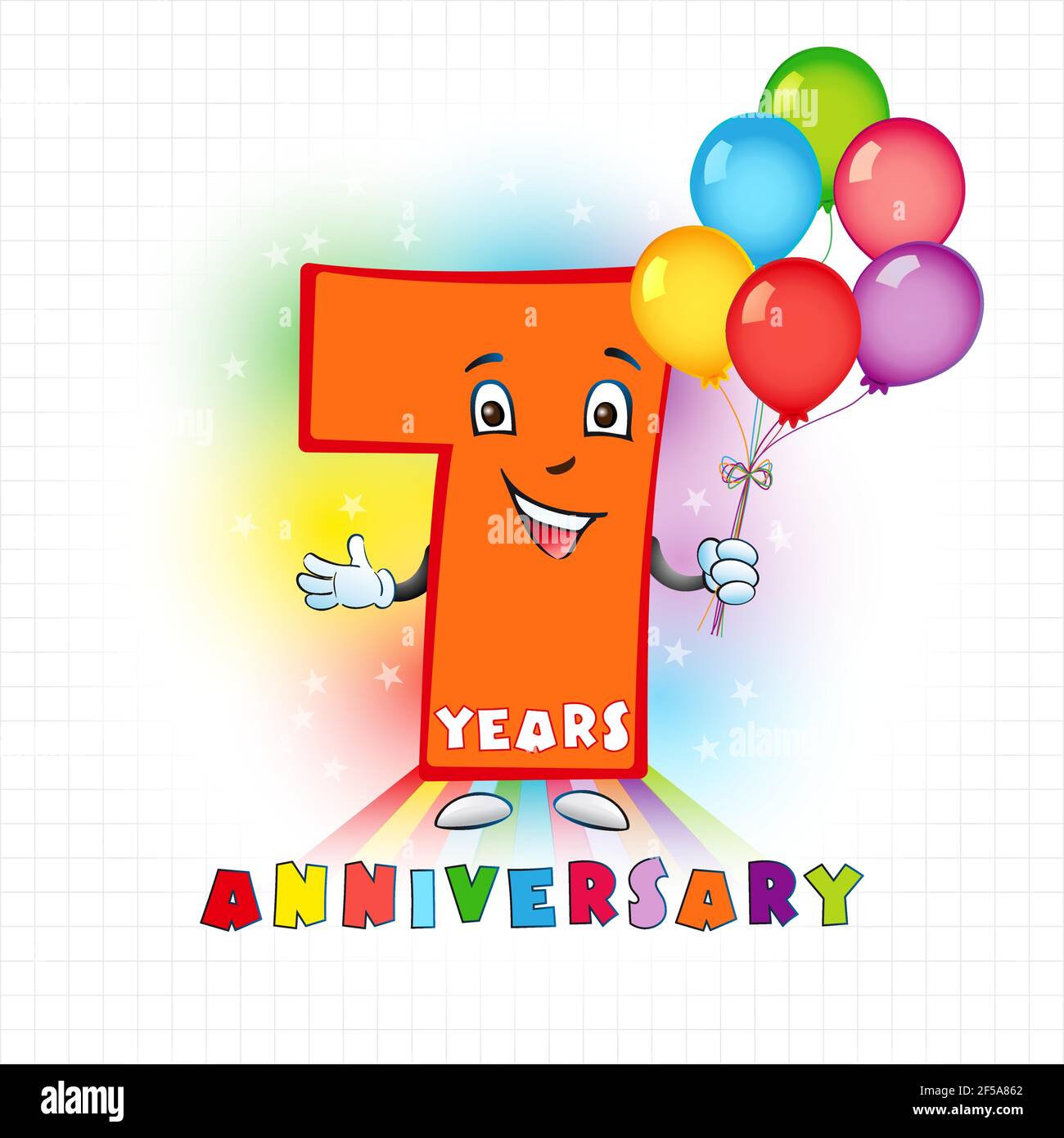 Seven years old animated logotype. 7 anniversary funny logo. Kids