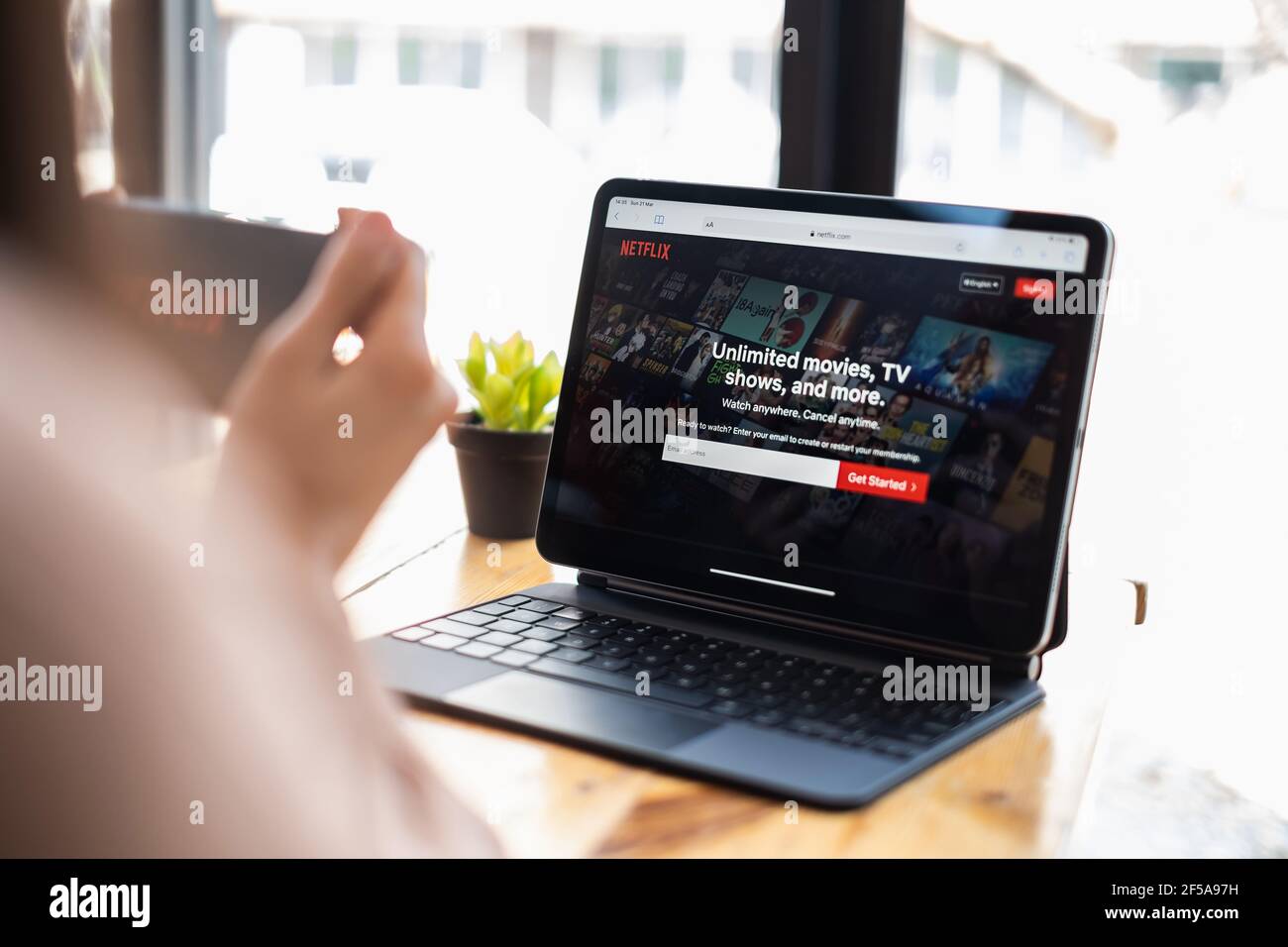 CHIANGMAI, THAILAND - MAR 21, 2021 : Netflix app on Tablet screen. Netflix is an international leading subscription service for watching TV episodes Stock Photo