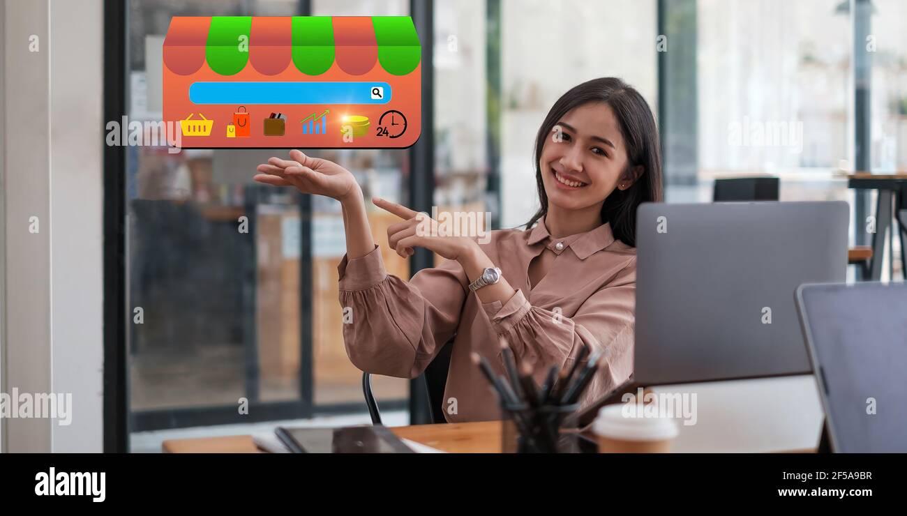 Small business owner has virtual shop on e commerce platform and open 24 hours. shopping online